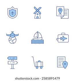 Travel icons set. Line Duotone style, editable stroke. sail boat, signpost, suitcases, travel, travel insurance, windmill, brochure, business trip, checklist.