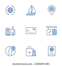 Travel icons set. Line Duotone style, editable stroke. credit card, duty free, gate, hotel, passport, yatch, train, travel, worldwide.