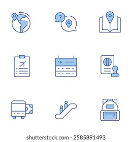 Travel icons set. Line Duotone style, editable stroke. bus ticket, chat, check list, destination, escalator, guide book, information, passport, school bag.