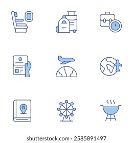 Travel icons set. Line Duotone style, editable stroke. barbecue, case, earth globe, ferris wheel, guide, passport control, seat, travel, travelling.