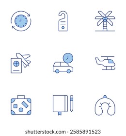 Travel icons set. Line Duotone style, editable stroke. arrival, notebook, coconut tree, door sign, helicopter, neck pillow, suitcase, time travel, travel.