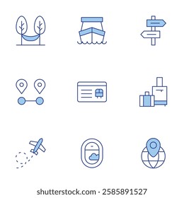 Travel icons set. Line Duotone style, editable stroke. airplane, distance, ferry boat, hammock, luggage, member card, placeholder, plane, sign post.