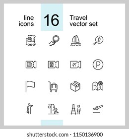 Travel icons. Set of line icons. Luggage, destination, tourist. Trip concept. Vector illustration can be used for topics like tourism, transportation, vacation
