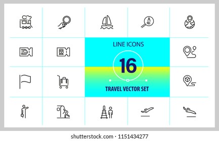 Travel icons. Set of line icons. Luggage, destination, tourist. Trip concept. Vector illustration can be used for topics like tourism, transportation, vacation