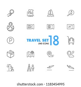 Travel icons. Set of line icons. Luggage, destination, tourist. Trip concept. Vector illustration can be used for topics like tourism, transportation, vacation