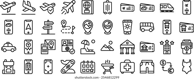 Travel icons set with line style. Summer vacations symbols. Traveling, vacation, relax and tourism signs collection.