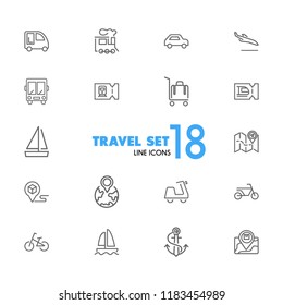 Travel icons. Set of  line icons. Train ticket, bus, bicycle. Trip concept. Vector illustration can be used for topics like transportation, tourism, vacation