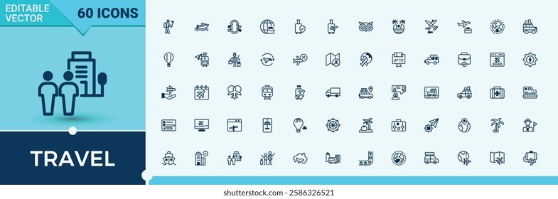 Travel icons set in linear style. Includes thin line air, pool, transportation, transport, car, bag and more. Minimalistic icon. Editable vector stroke.