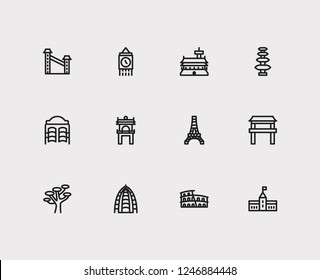 Travel icons set: london, seul, texas and bar door, shrine, bridge set popular traveling cities with saloon vector icon illustration for app web mobile UI logo desing.