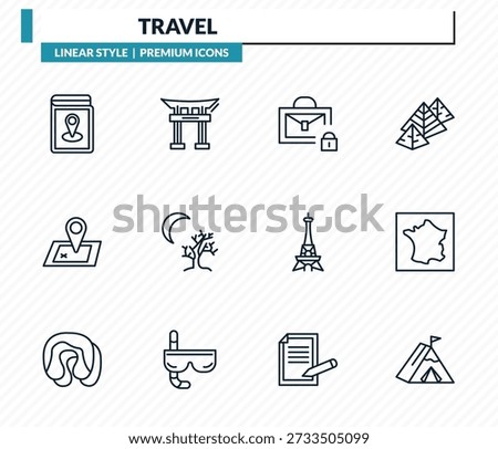 travel icons set - map book, torii, secure briefcase, france, jaima tent outline vector collection.