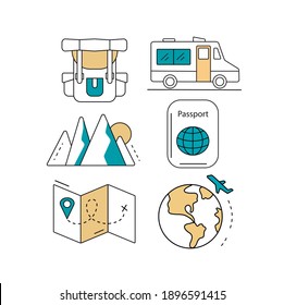 Travel icons set with map globe passport RV truck backpack airplane and mountains.