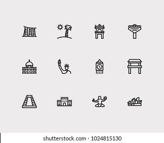 Travel Icons Set: Mexico, Japan, Florida And Marina Bay Sand, Hanoi, Merlion Set Popular Traveling Cities With Traditional Vector Icon Illustration For App Web Mobile UI Logo Desing.