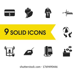 Travel icons set with multilingual staff, iron and scissors with comb elements. Set of travel icons and old phone concept. Editable vector elements for logo app UI design.