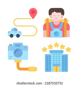 travel icons set = navigation, traveler man, camera, hotel. Perfect for website mobile app, app icons, presentation, illustration and any other projects