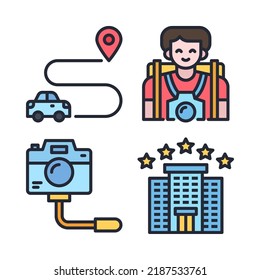 travel icons set = navigation, traveler man, camera, hotel. Perfect for website mobile app, app icons, presentation, illustration and any other projects