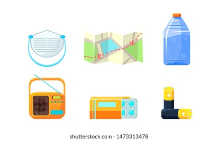 Travel Icons Set, Necessary Supplies for Trip and Traveling, Map, Bottle of Water, Radio, Medical Supplies, Accumulator Vector Illustration