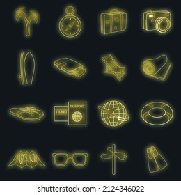 Travel icons set in neon style. Tourism elements set collection vector illustration