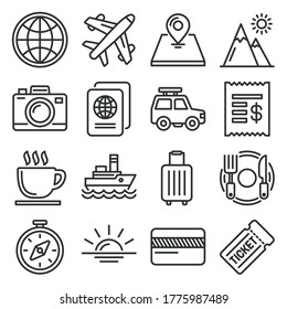 Travel Icons Set on White Background. Line Style Vector