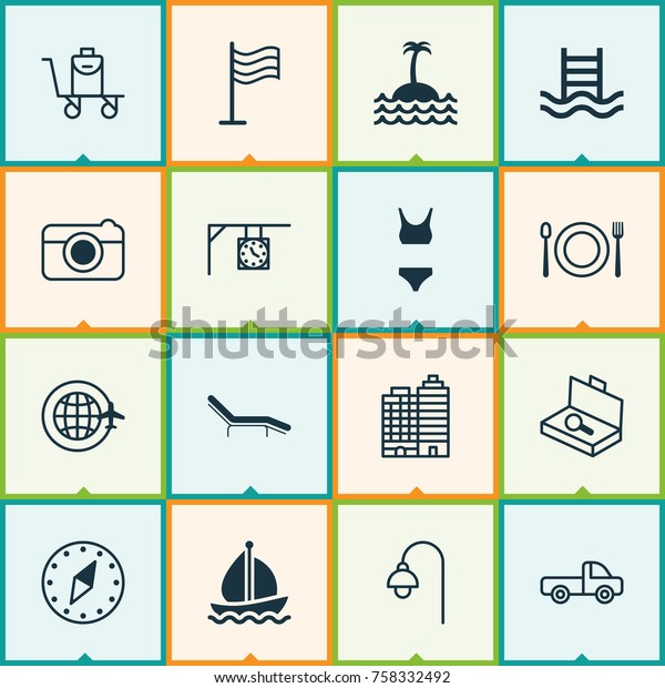 Travel Icons Set With Ornament Watch, Hotel,\
Vehicle Car And Other Lamppost Elements. Isolated Vector\
Illustration Travel\
Icons.