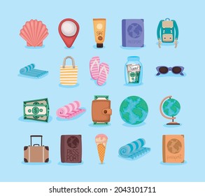 travel icons set over blue