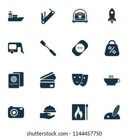 Travel icons set with passport, coffee, multitool and other surfboard elements. Isolated vector illustration travel icons.