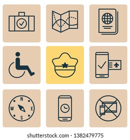Travel icons set with passport, cop cap, phone time and other identification document elements. Isolated vector illustration travel icons.