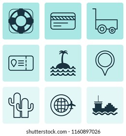 Travel icons set with pinpoint, lifebuoy, island marker elements. Isolated vector illustration travel icons.