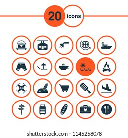 Travel icons set with plane landing, pointers, sea surfing elements. Isolated vector illustration travel icons.