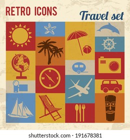 Travel icons set. Retro signs with grunge effect, vector illustration 