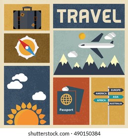 Travel icons set. Retro Vintage design Vector illustration.