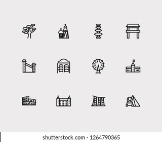 Travel icons set: russia, spain, singapore and saloon, shrine, rome set popular traveling cities with wheel vector icon illustration for app web mobile UI logo desing.
