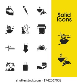 Travel icons set with scissors with comb, palm island, fun elements. Set of travel icons and temperature measurement concept. Editable vector elements for logo app UI design.