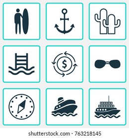 Travel icons set with shipping tour, cardinal direction, yacht and other shipping tour elements. Isolated vector illustration travel icons.