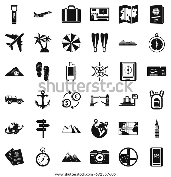 Travel icons set. Simple style of 36\
travel vector icons for web isolated on white\
background