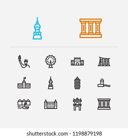 Travel icons set: spain, denmark, greek and castle, london, taipei set popular traveling cities with america vector icon illustration for app web mobile UI logo desing.