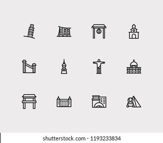 Travel icons set: spain, japan, italy and china, cityscape, petersburg set popular traveling cities with tradition vector icon illustration for app web mobile UI logo desing.