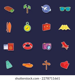 Travel icons set stikers collection vector with shadow on purple background