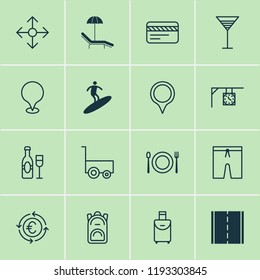 Travel icons set with street clock, camera, location marker and other relax chair elements. Isolated vector illustration travel icons.