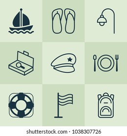Travel icons set with street light, lifebuoy, boat and other suitcase checking  elements. Isolated vector illustration travel icons.
