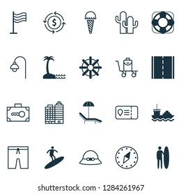 Travel icons set with street light, surfer, lifebuoy and other frozen food elements. Isolated vector illustration travel icons.