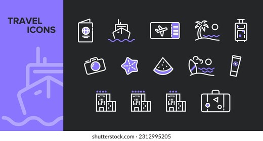 Travel icons set. Summer vacations and holiday symbol vector illustration. Collection of traveling and tourism elements.