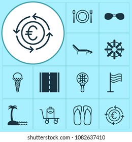 Travel icons set with sunglasses, rudder, seaside place and other steering wheel elements. Isolated vector illustration travel icons.