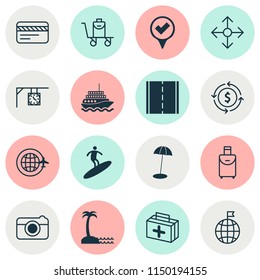 Travel icons set with surfing, travel bag, camera and other yacht elements. Isolated vector illustration travel icons.