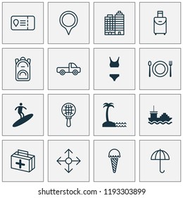 Travel icons set with tanker, medicine, seaside place and other rucksack elements. Isolated vector illustration travel icons.