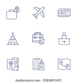 Travel icons set. Thin Line style, editable stroke. storage, teepee, travel, airplane, boarding pass, business trip, check in desk, check list, map.