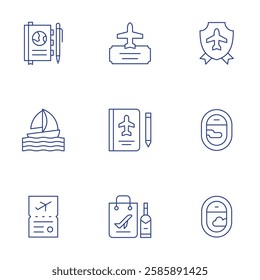 Travel icons set. Thin Line style, editable stroke. sail boat, travel journal, window, duty free, visa, plane, diary, plane ticket, shield.