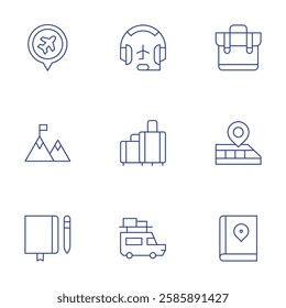 Travel icons set. Thin Line style, editable stroke. flight, headset, hiking, luggage, notebook, suitcase, train, travel, travel guide.