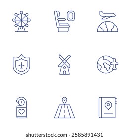 Travel icons set. Thin Line style, editable stroke. earth globe, travel insurance, windmill, doorknob, road, travel guide, ferris wheel, seat, travelling.