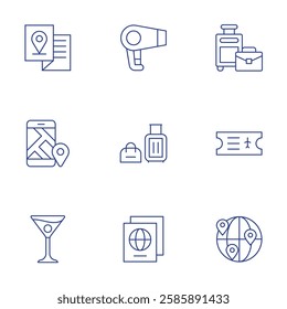 Travel icons set. Thin Line style, editable stroke. brochure, check in, hair dryer, luggage, martini, passport, suitcase, ticket, travel.