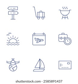 Travel icons set. Thin Line style, editable stroke. barbecue, case, credit card, signpost, suitcases, sunset, travel, yatch.